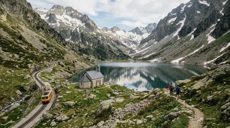 Rack railway climbing to Vall de Núria in the Pyrenees on a Pyrenees day trip from Barcelona, Catalonia