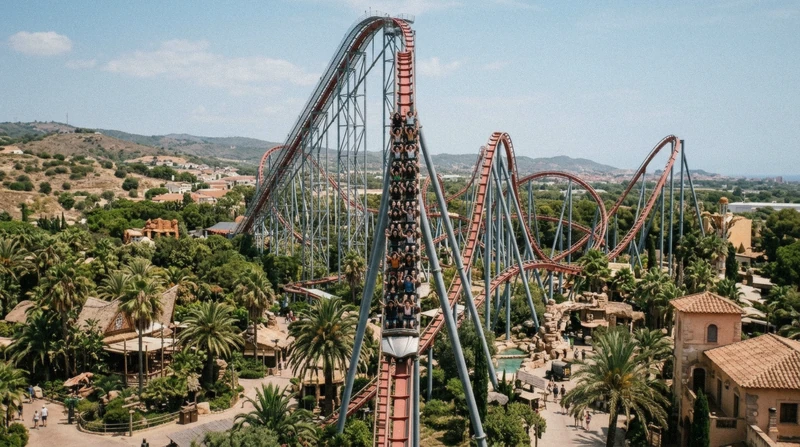 Rollercoaster track above the themed zones at PortAventura on a PortAventura day trip from Barcelona, Catalonia