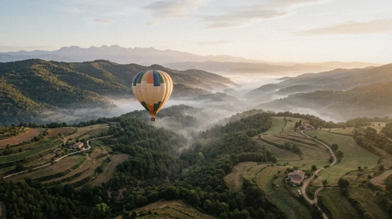 Hot air balloon over the Montseny Natural Park at sunrise on a hot air balloon day trip from Barcelona, Catalonia