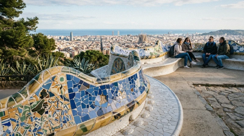 Mosaic terrace at Park Güell above Barcelona on a one-day Barcelona city tour before a day trip from Barcelona, Catalonia