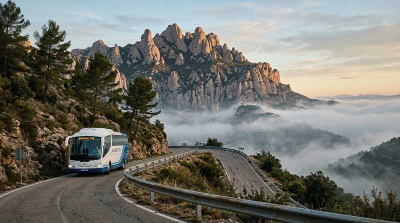 Coach parked at Montserrat monastery on a self-guided Montserrat day trip from Barcelona, Catalonia