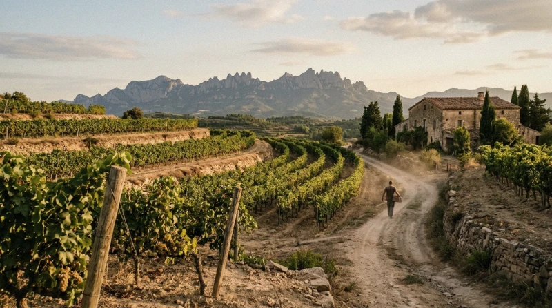 Vineyard rows below the Montserrat massif on a Montserrat winery and wine tasting day trip from Barcelona, Catalonia