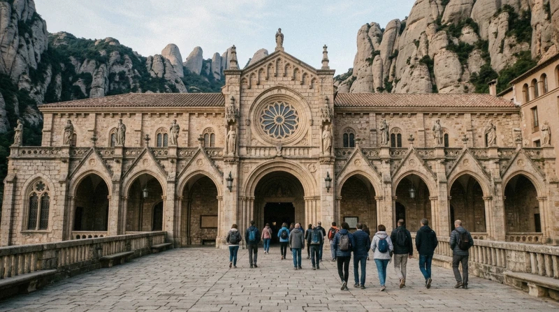 Walkers on the terrace below Montserrat basilica on a half-day Montserrat trip from Barcelona, Catalonia