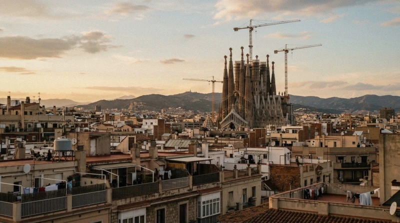 Sagrada Família towers and the Montserrat ridge on a combined Sagrada Família and Montserrat day trip from Barcelona, Catalonia