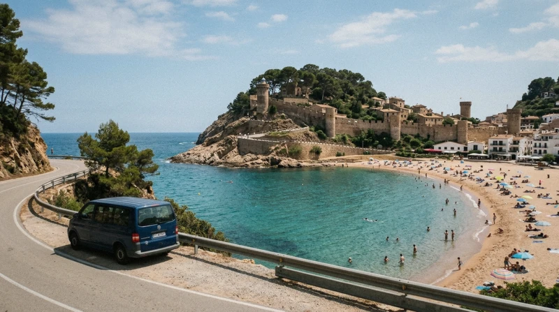 Small tour van above the Costa Brava coast at Tossa de Mar on a Girona and Costa Brava day trip from Barcelona, Catalonia