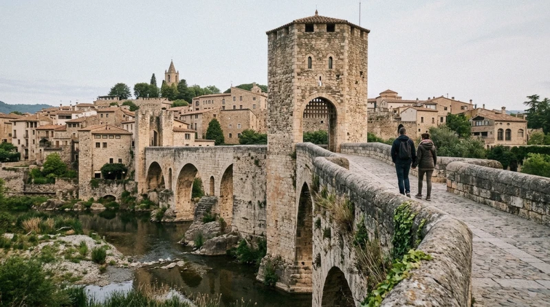 Besalú's medieval bridge over the Fluvià on a Besalú and medieval towns day trip from Barcelona, Catalonia