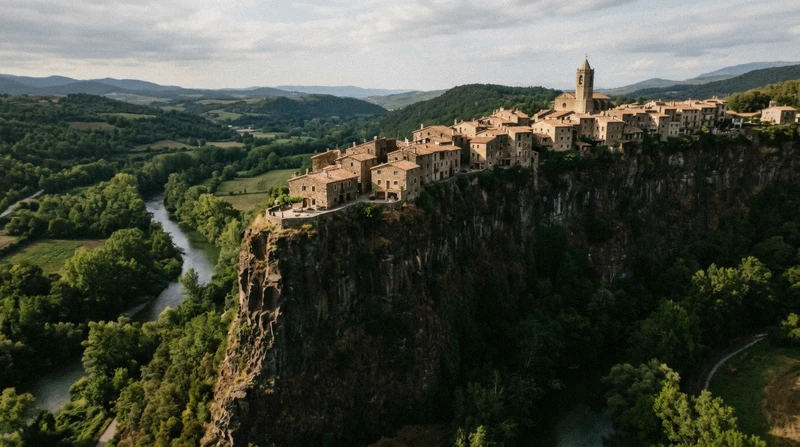 Castellfollit de la Roca village on its basalt cliff on a medieval towns day trip from Barcelona, Catalonia